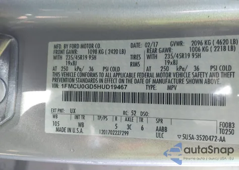 2017 Ford Escape Se from USA, damaged, VIN 1FMCU0GD5HUD19467